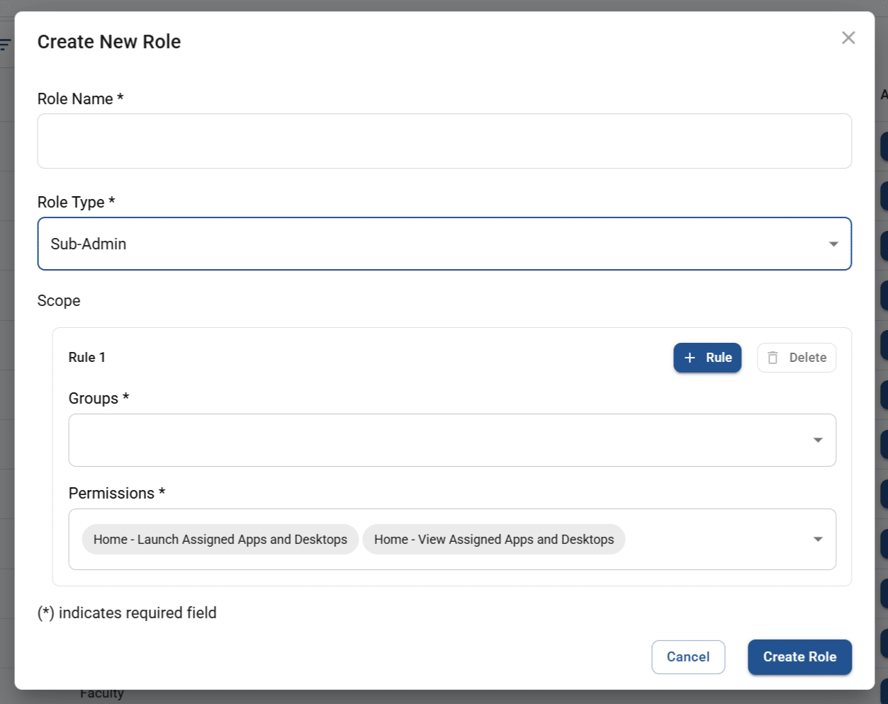create new role pop-up screen with default permissions for a sub-admin