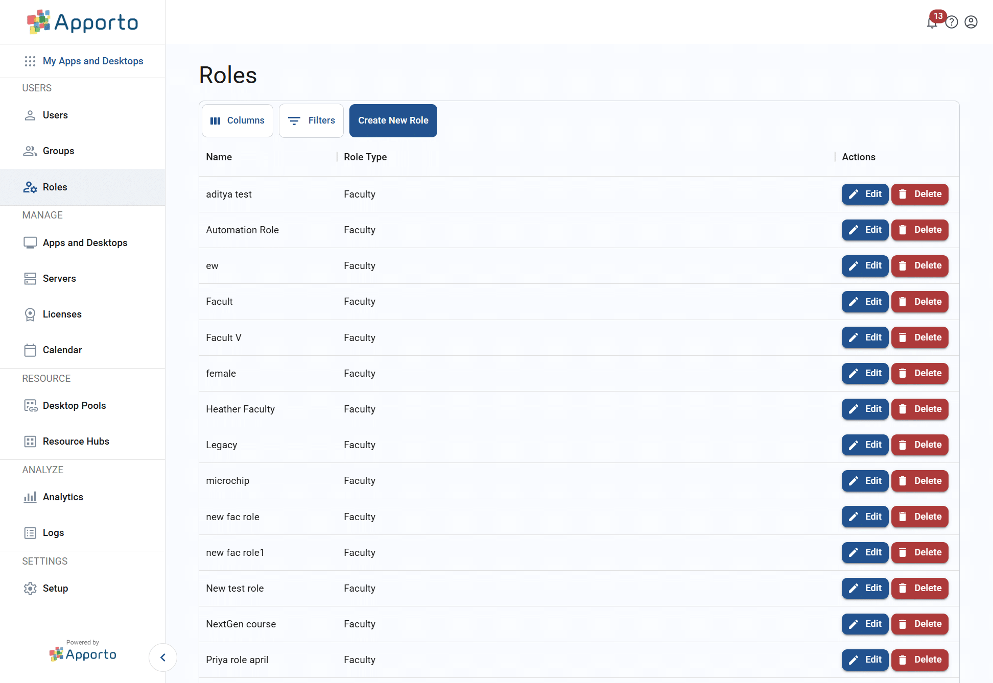 roles list screen