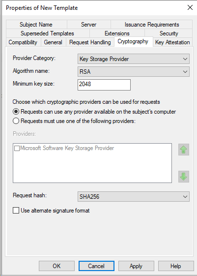 new cert template cryptography settings