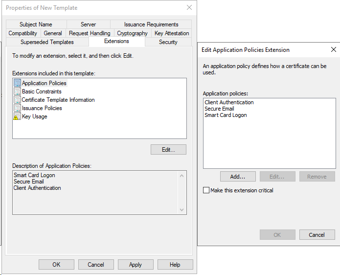 new cert template extension settings
