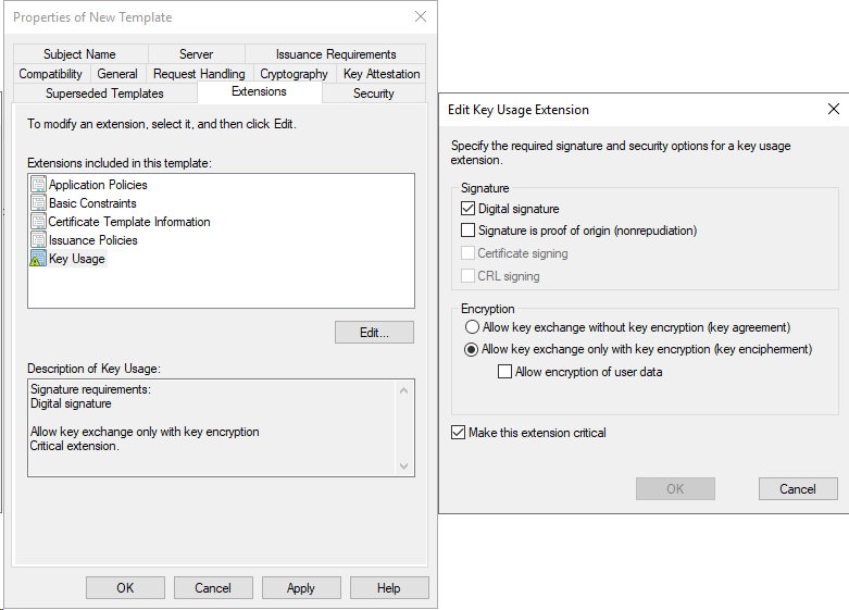 new cert template extension settings