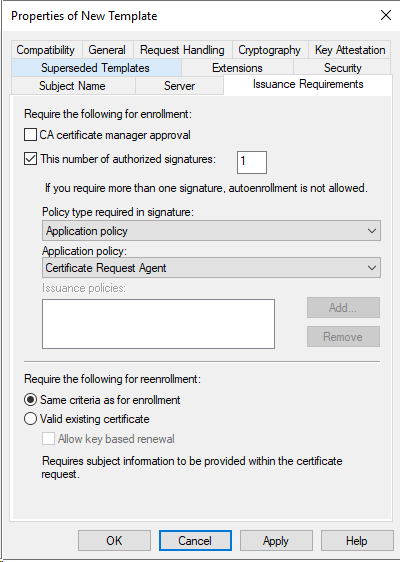 new cert template issuance requirement settings