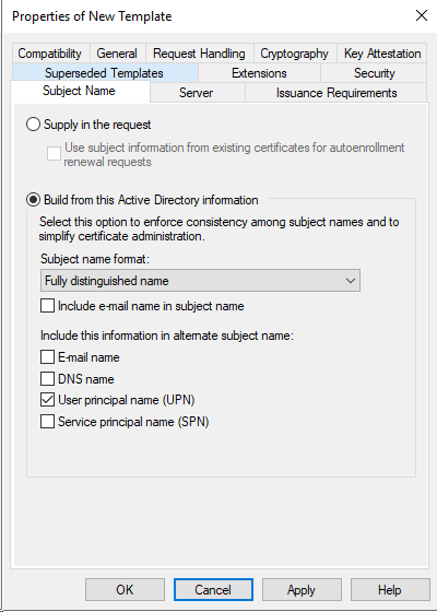 new cert template subject name settings