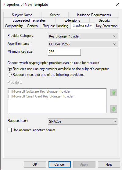 new cert template cryptography settings