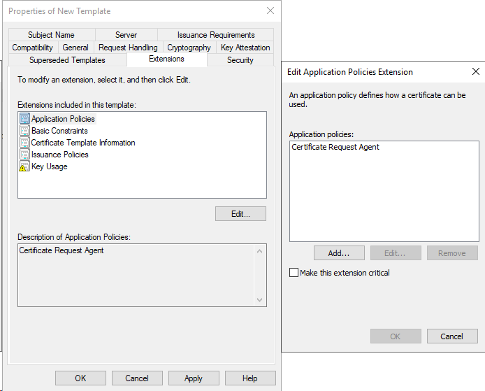 new cert template extension settings