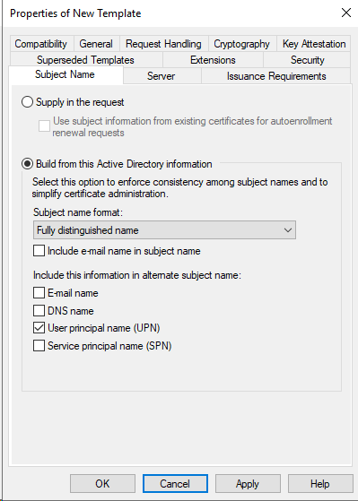 new cert template subject name settings