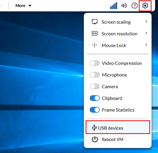 USB devices option in toolbar settings menu