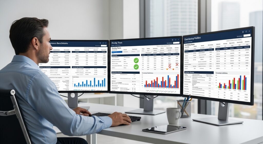 IT decision maker evaluating multiple cloud desktop providers on large comparison screens with performance, security, and pricing metrics visible