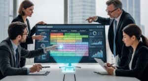 Business leaders mapping company needs to DaaS provider features on a strategic planning dashboard