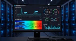 Performance monitoring interface tracking login times, peak usage loads, and session stability