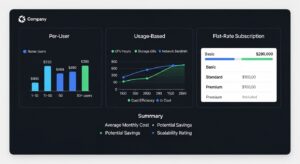 Business dashboard comparing DaaS pricing models with per-user, usage-based, and flat-rate subscription breakdowns