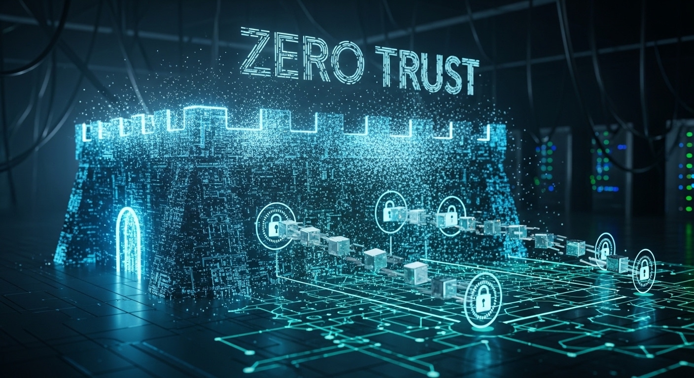 Modern cybersecurity concept showing a digital fortress dissolving into a zero trust network with continuous identity verification checkpoints.