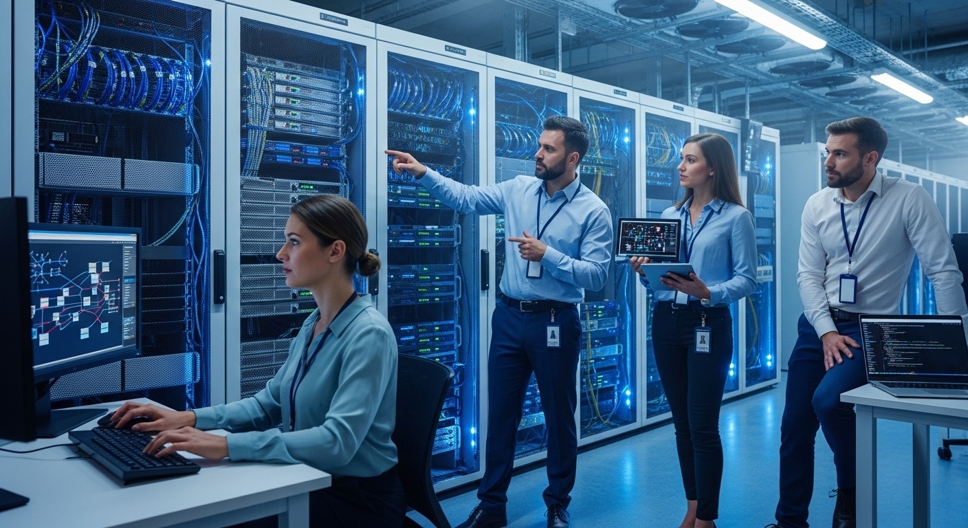 Enterprise IT team managing virtual desktop infrastructure servers and hypervisors in a modern data center.