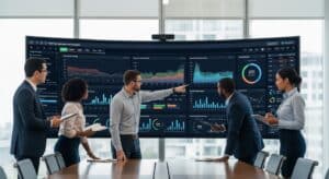 University leadership analyzing real-time enrollment and retention analytics on a large digital dashboard.