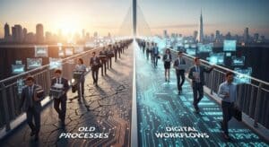 Organizational change visualized as people walking across a bridge from old processes to digital workflows.