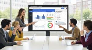 University leadership reviewing a real-time student performance analytics dashboard with retention risk indicators. 