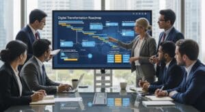 University leadership team reviewing a digital transformation roadmap on a large interactive planning board.