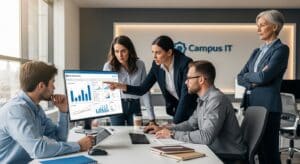 Campus IT team reviewing risk assessment charts with security alerts and budget forecasts.