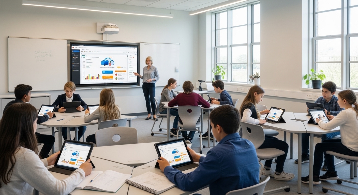 Modern classroom blending physical and digital learning interactive whiteboard, tablets, laptops, and cloud-based dashboards in use.