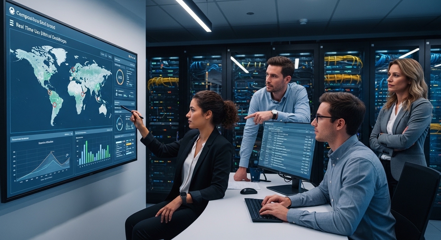 Campus IT team managing centralized cloud-based virtual desktops from a modern control dashboard.