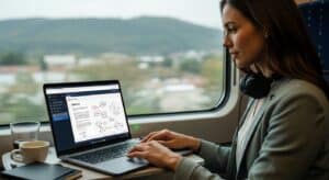 Faculty member preparing lecture materials on a laptop while traveling, connected to secure cloud desktop.