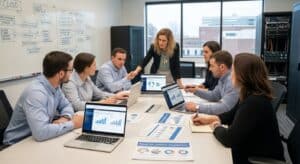 Strategic planning meeting in a university IT office assessing cloud VDI providers.