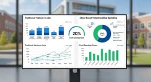 University finance dashboard comparing traditional hardware costs versus cloud-based virtual desktop spending.