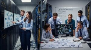 Split scene showing small college IT team choosing a simplified cloud platform versus large university reviewing complex infrastructure.