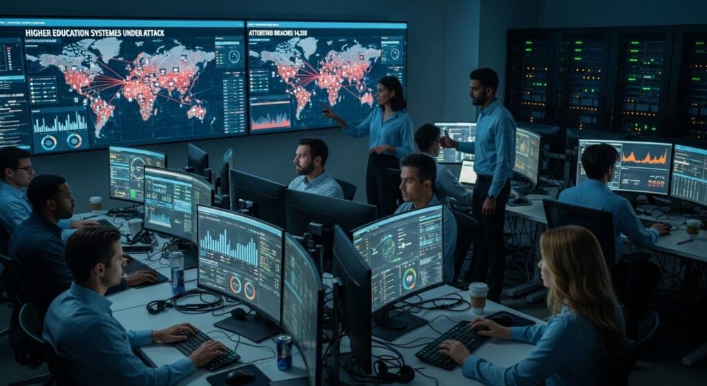 Cybersecurity operations center monitoring thousands of attack attempts targeting higher education systems.