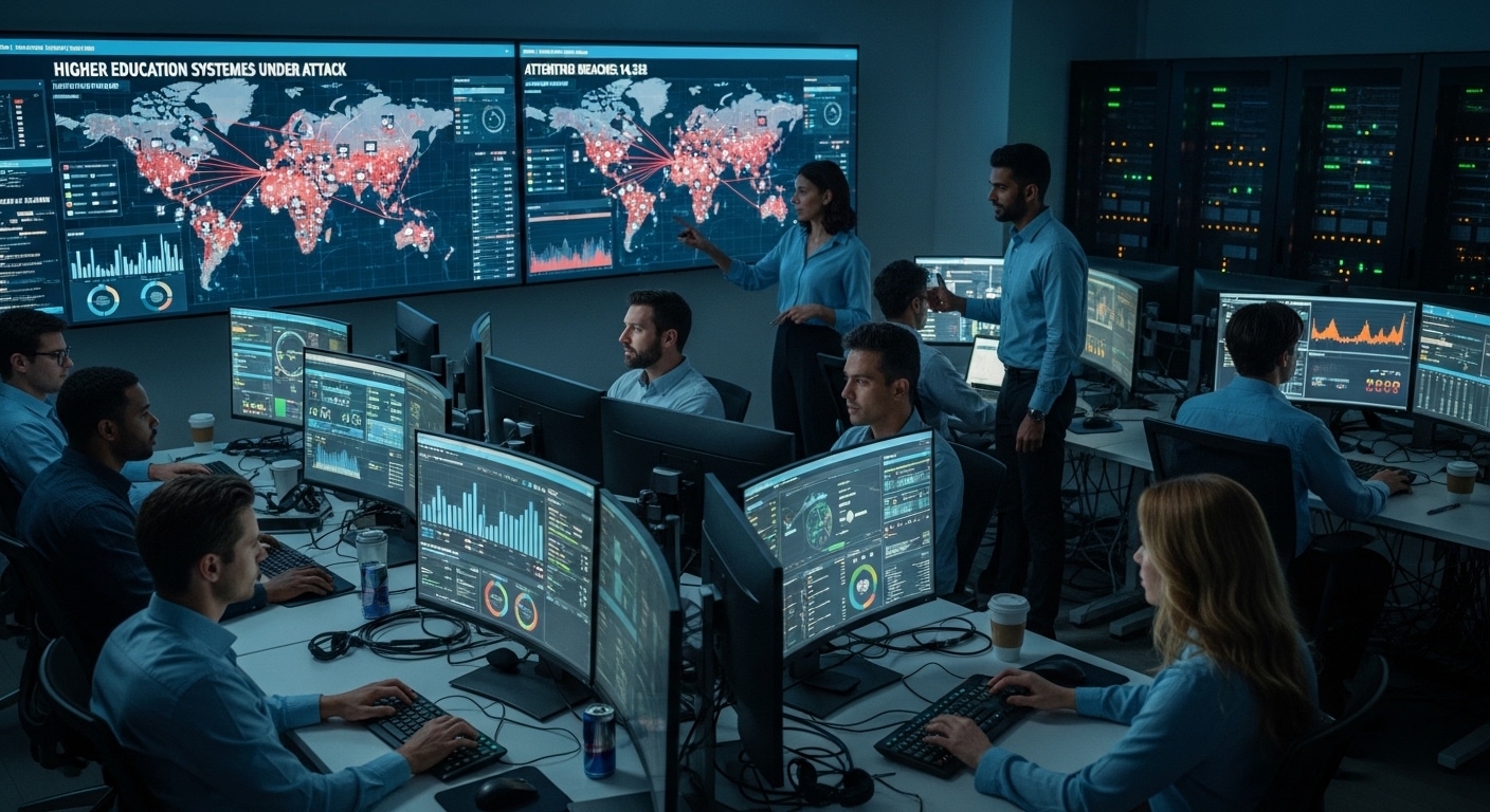 Cybersecurity operations center monitoring thousands of attack attempts targeting higher education systems.