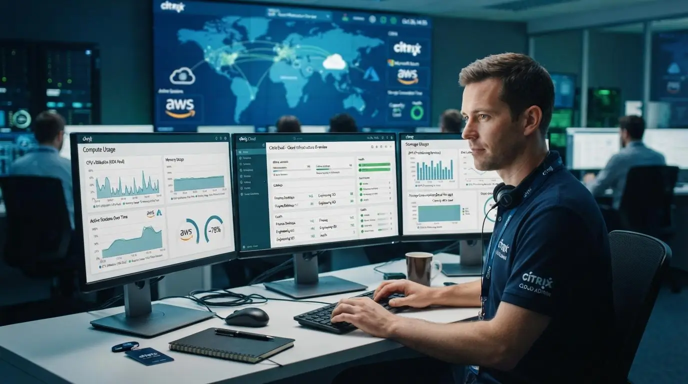 IT administrator managing Citrix virtual desktops hosted on cloud infrastructure while monitoring separate compute and storage usage