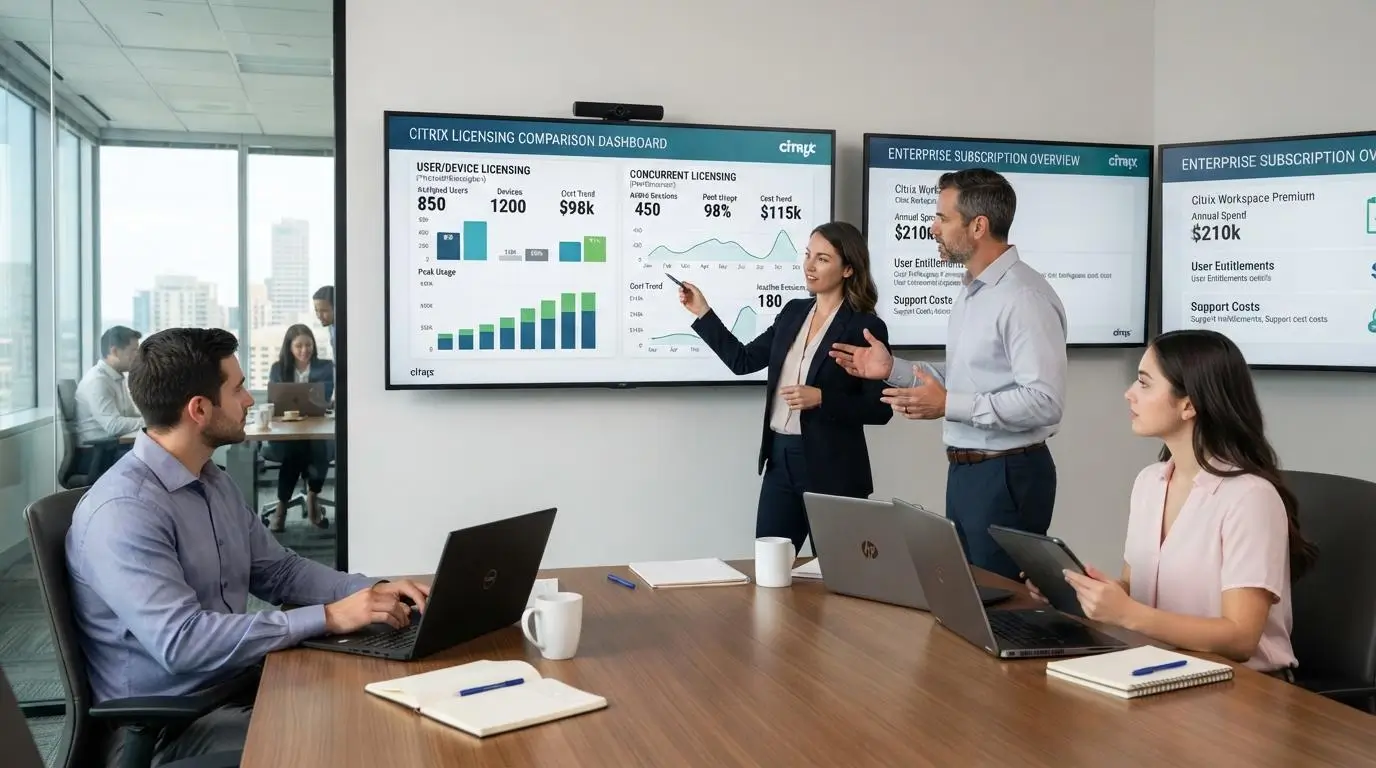 IT and finance team comparing Citrix user device licensing with concurrent licensing on enterprise subscription dashboards