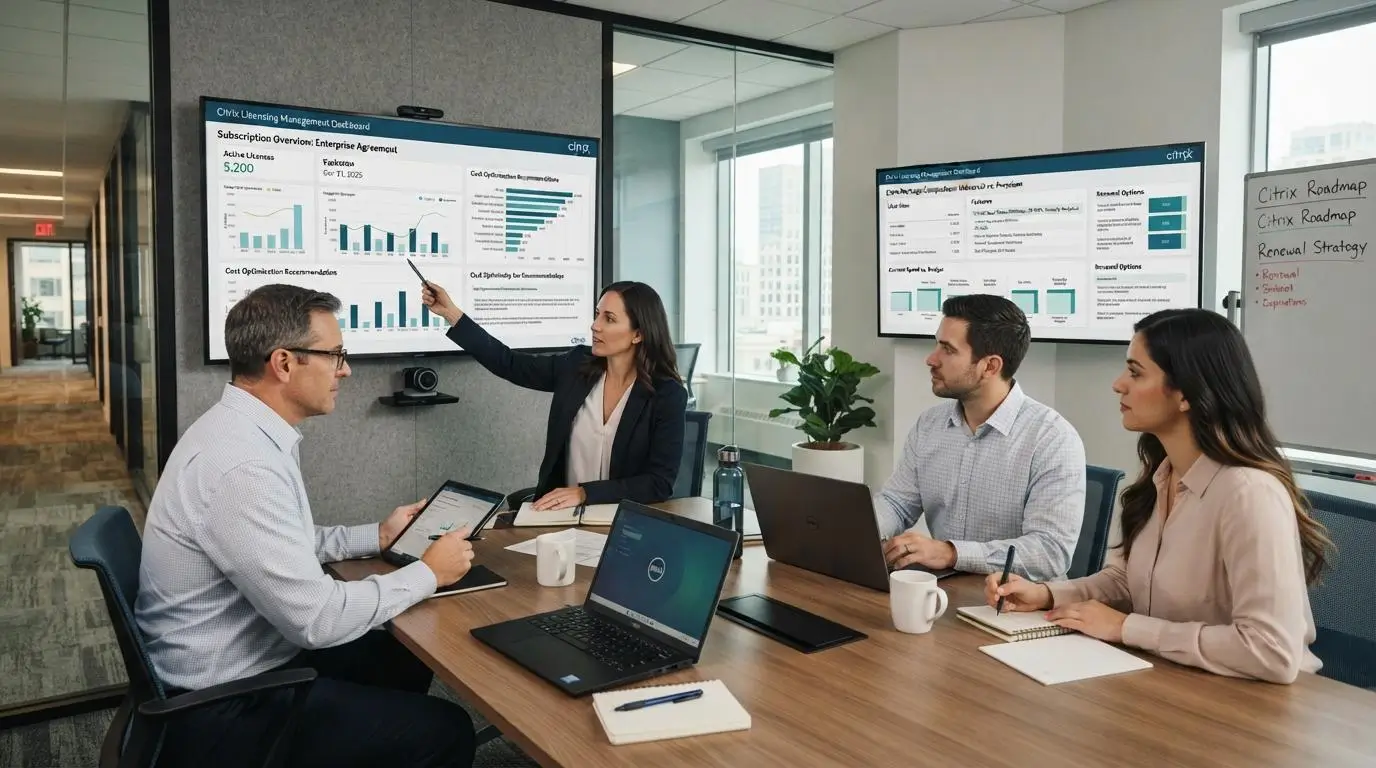 IT procurement team reviewing current Citrix subscription packages and licensing options on enterprise dashboards.