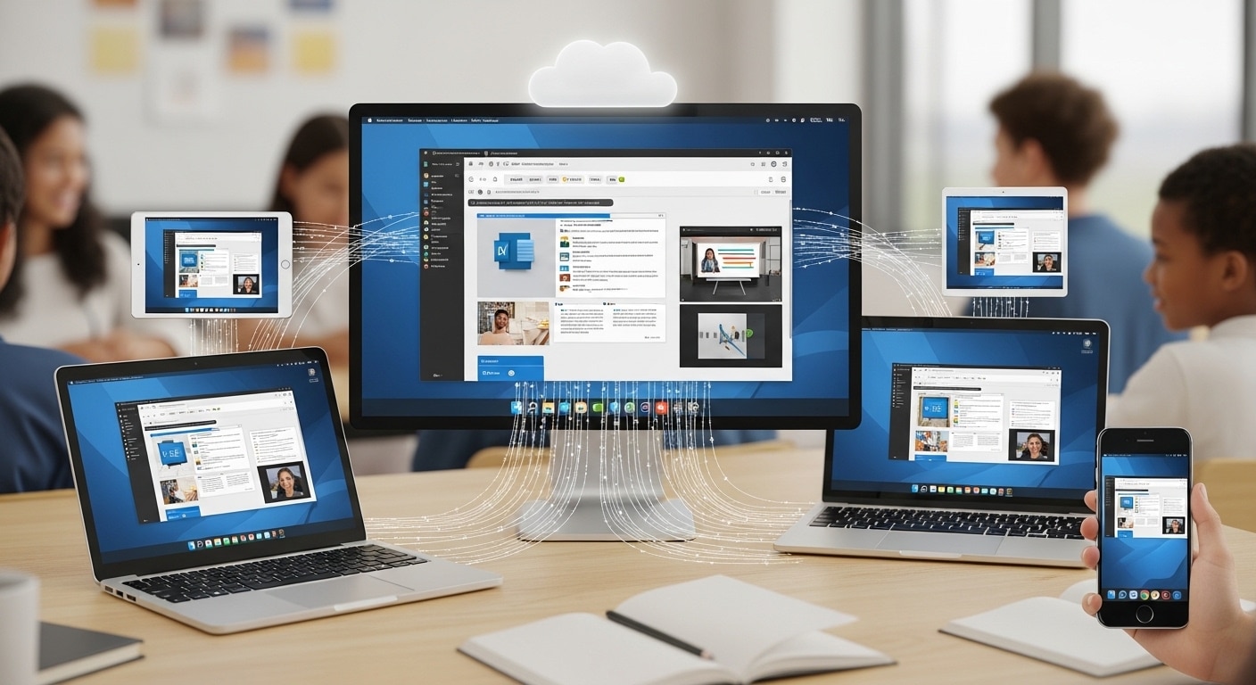 Cloud desktop interface streaming to multiple devices—Chromebook, laptop, tablet, smartphone—symbolizing equal access in education