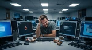 Frustrated IT administrator managing multiple failing desktop systems in a traditional computer lab