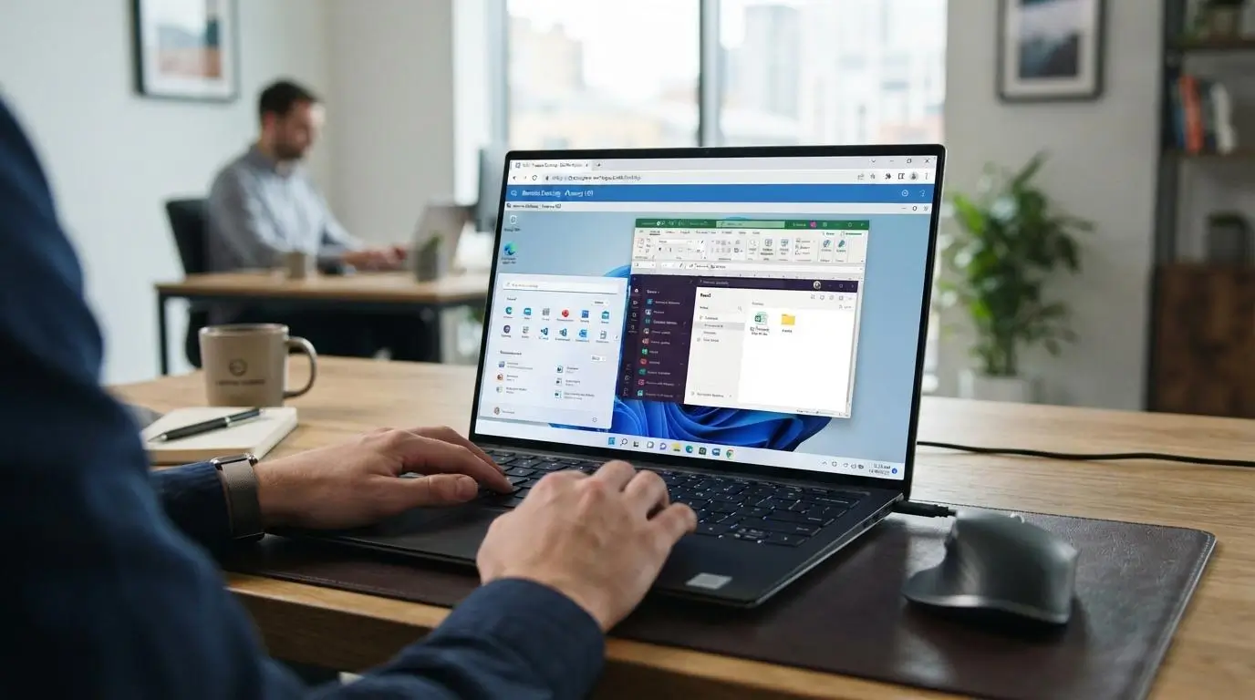 Browser-based virtual desktop session running on a standard business laptop