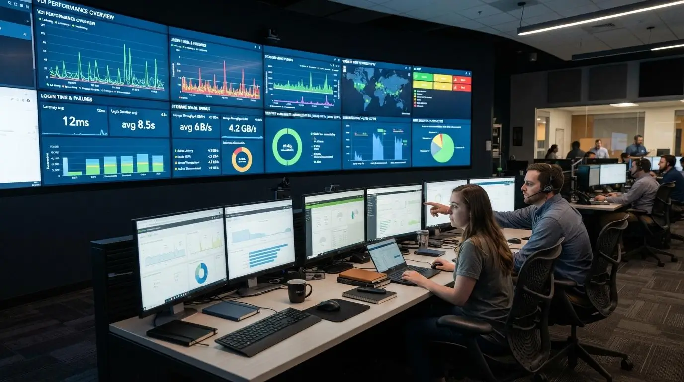 Network operations center monitoring VDI performance.
