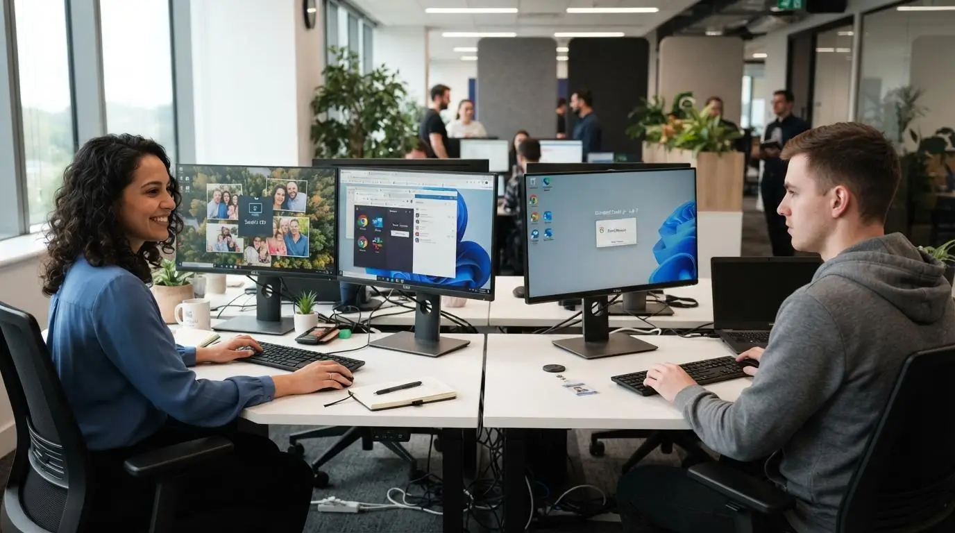 IT workspace with one employee returning to the same personalized virtual desktop while another accesses a standardized desktop that resets after logout.