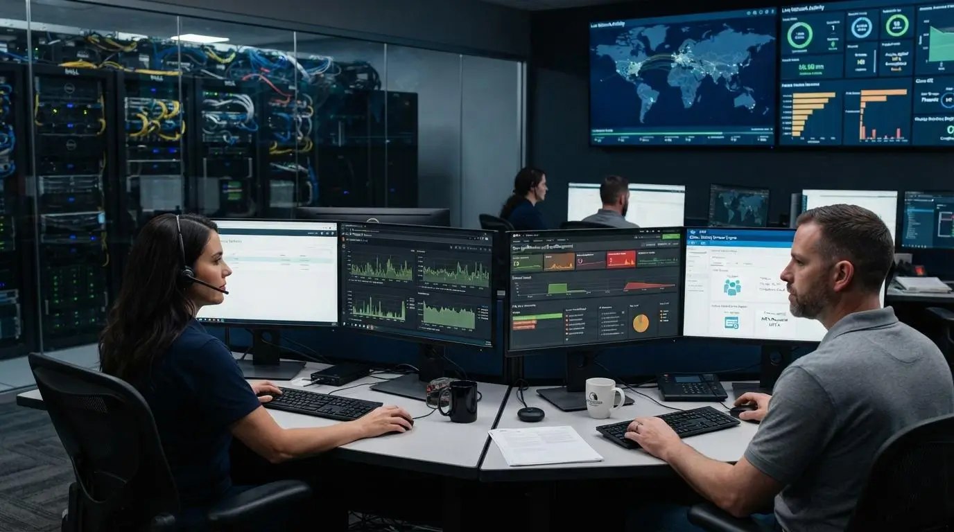 Data center operations scene with IT administrators centrally managing virtual desktops, security policies