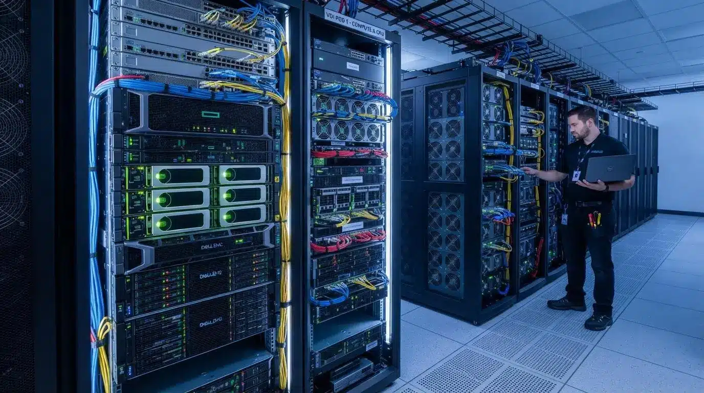 Data center scene with servers, storage systems, networking equipment,