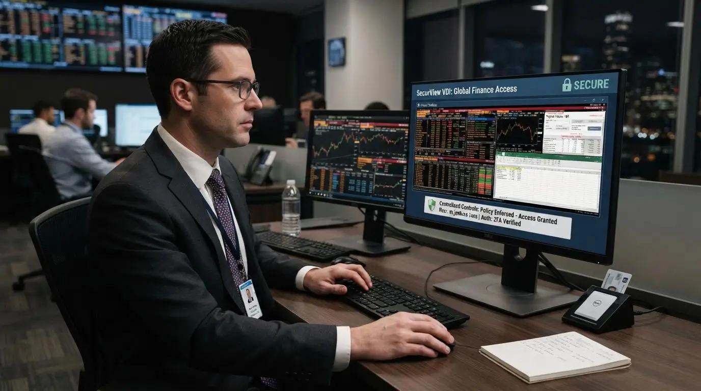 Finance professional accessing sensitive data through a secure dedicated virtual desktop with centralized controls and restricted access.