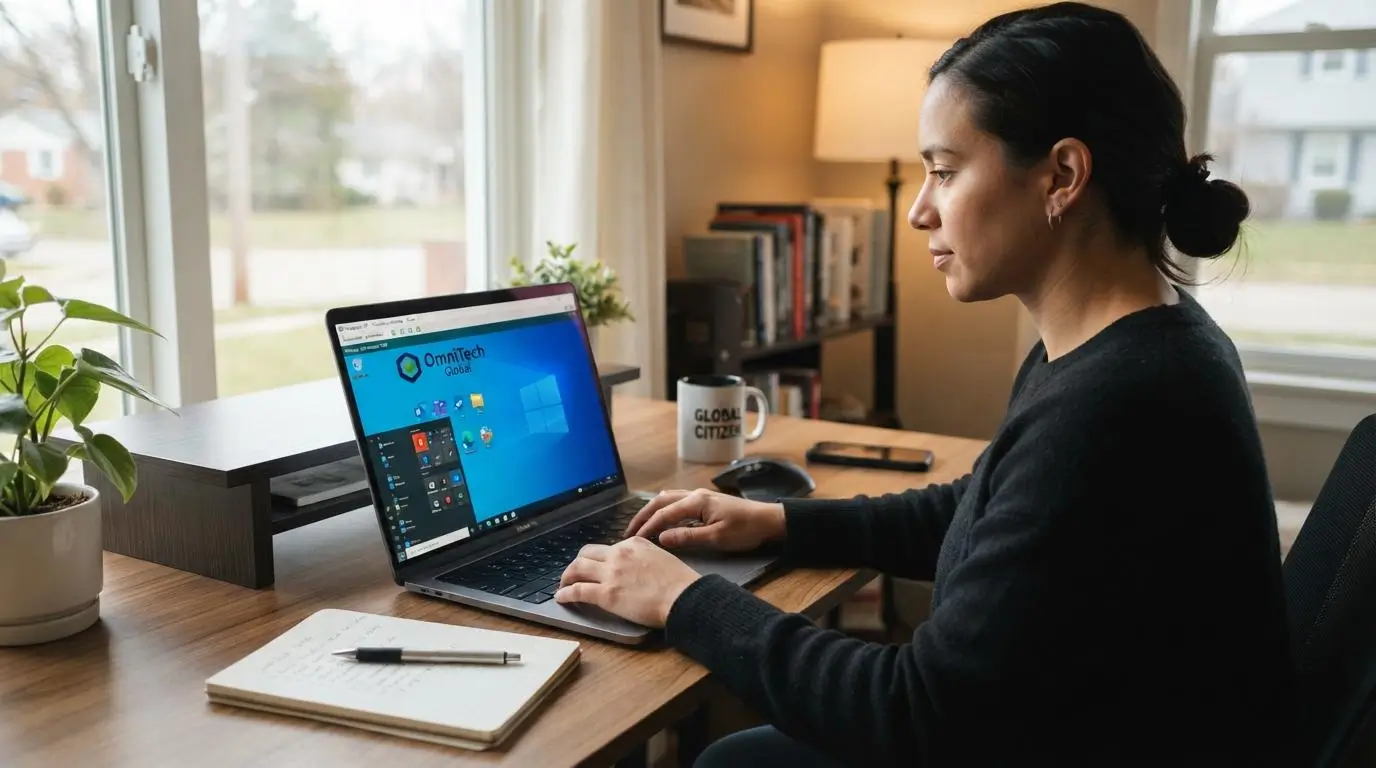 Hybrid worker using a personal laptop to connect securely to a persistent company virtual desktop