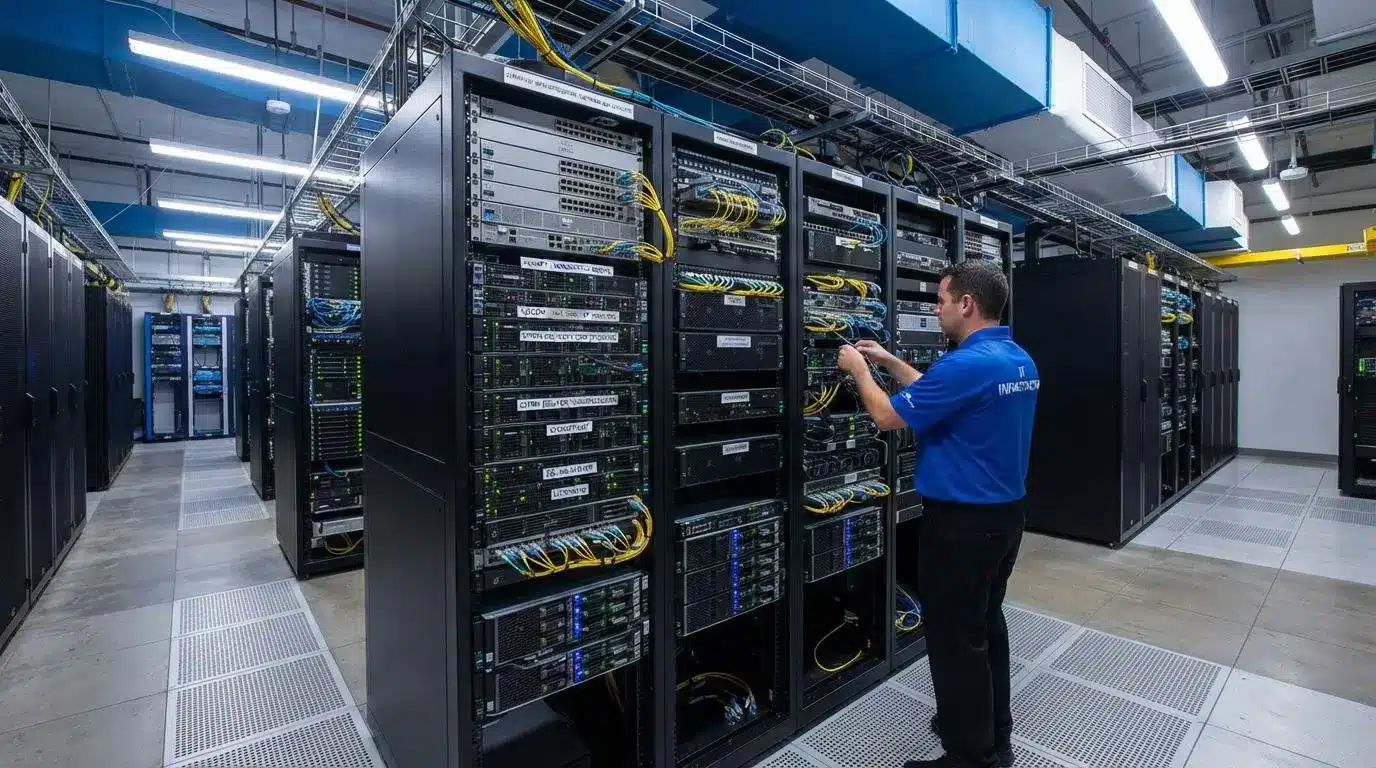 Data center scene showing physical servers, storage, networking, and cooling equipment representing the cost of an on-premises Citrix environment
