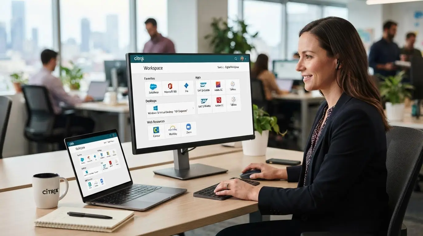 Employee accessing company applications, virtual desktops, SaaS tools, and web resources through a unified Citrix Workspace interface