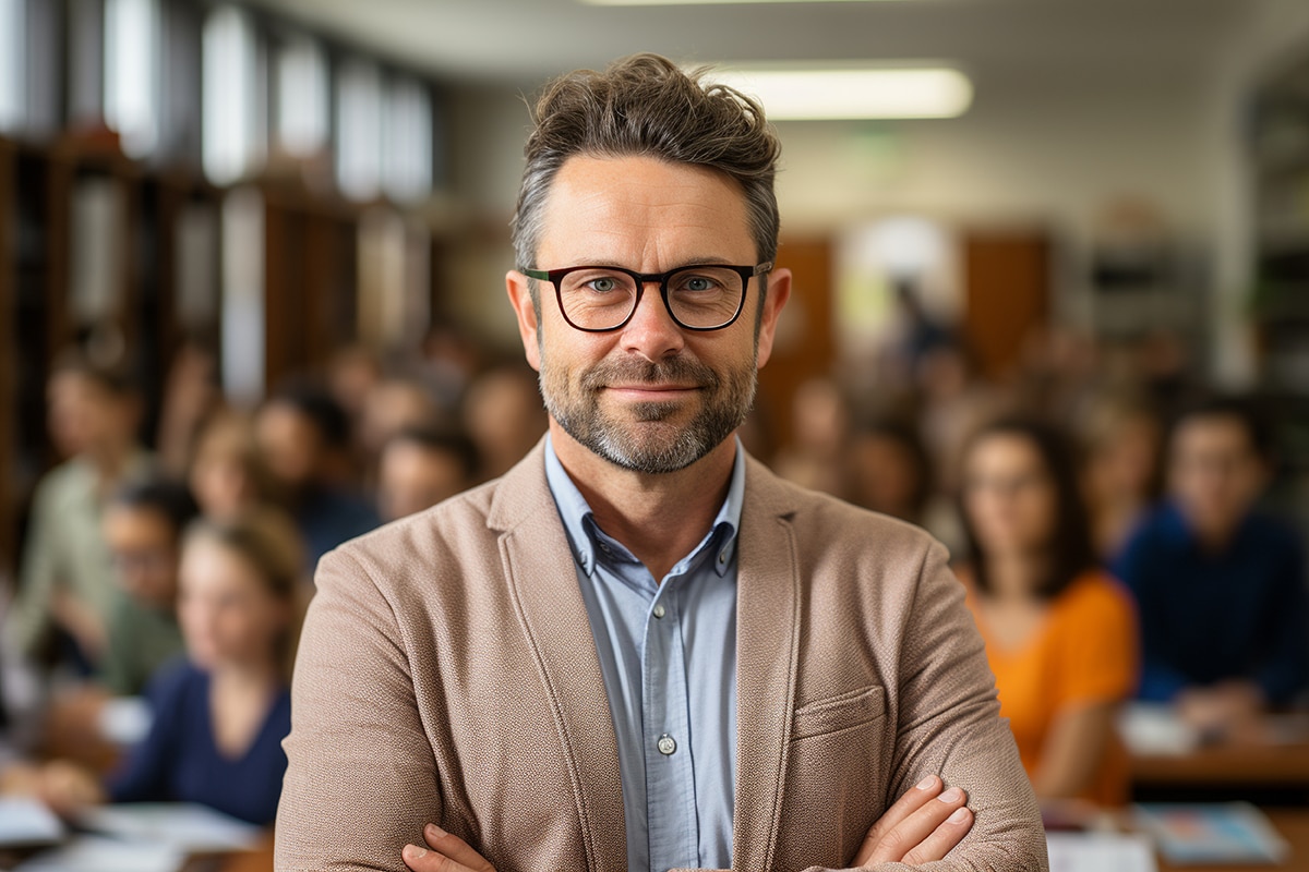 Portrait of smiling teacher in class at elementary school