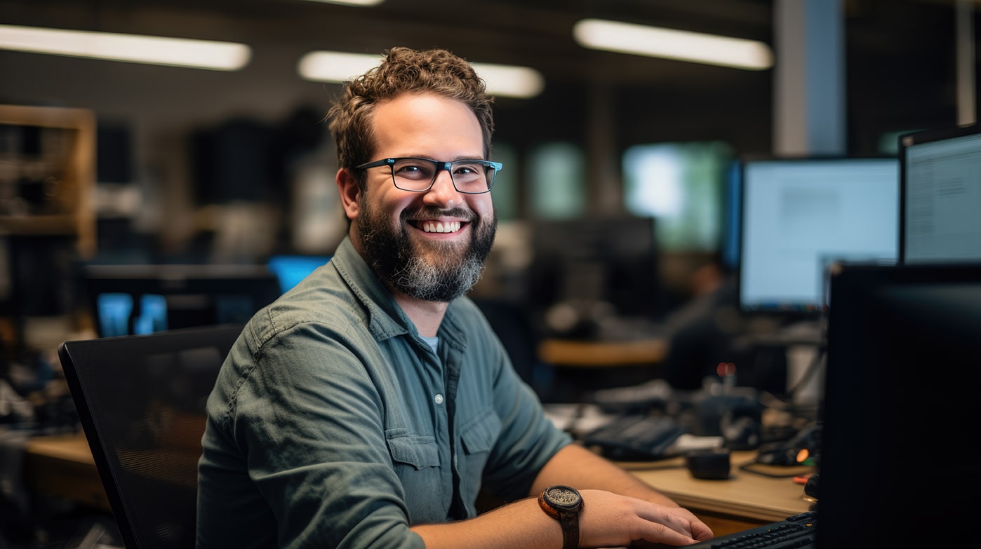 Cheerful programmer man wearing eyeglasses working with computers in office.