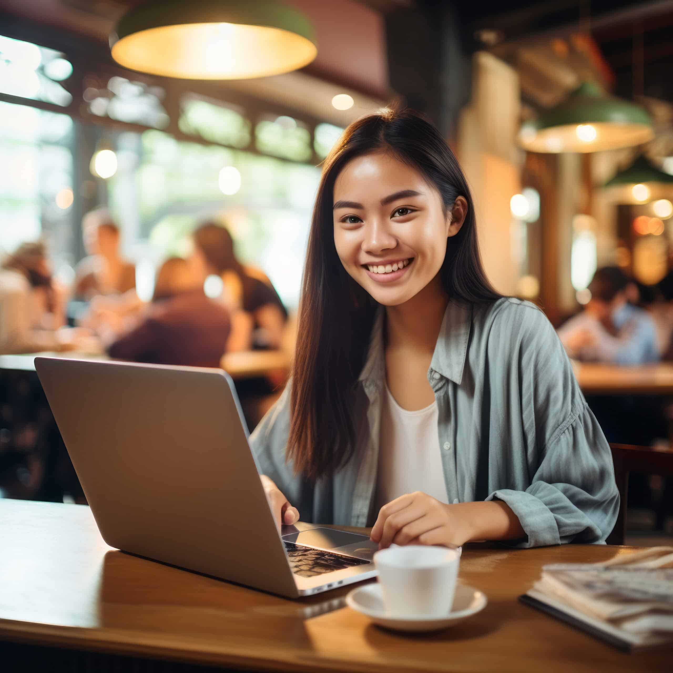 Happy woman using laptop at cafe. Young beautiful asian girl sit
