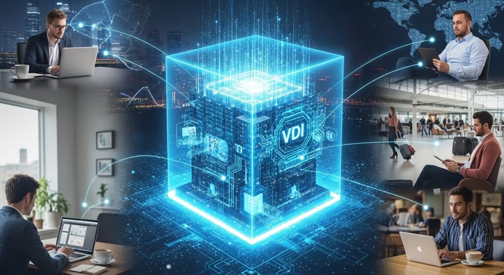 Cybersecurity concept showing a centralized virtual desktop infrastructure secured inside a glowing shield, with remote users connecting from homes, airports, and cafes
