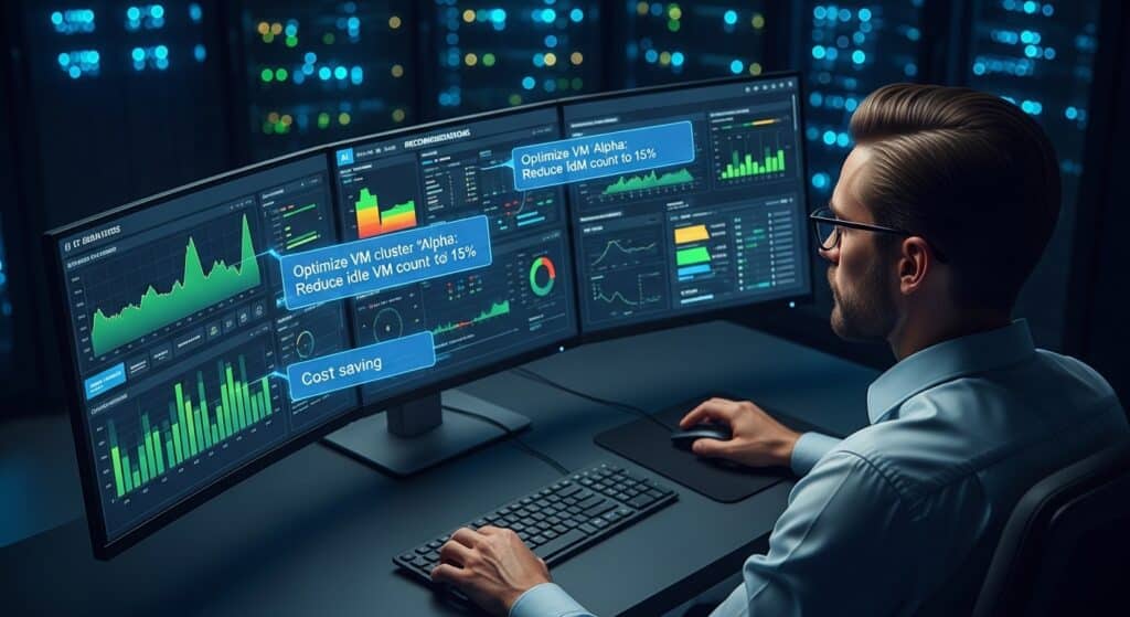 IT administrator monitoring real-time utilization metrics with AI recommendations reducing excess capacity.