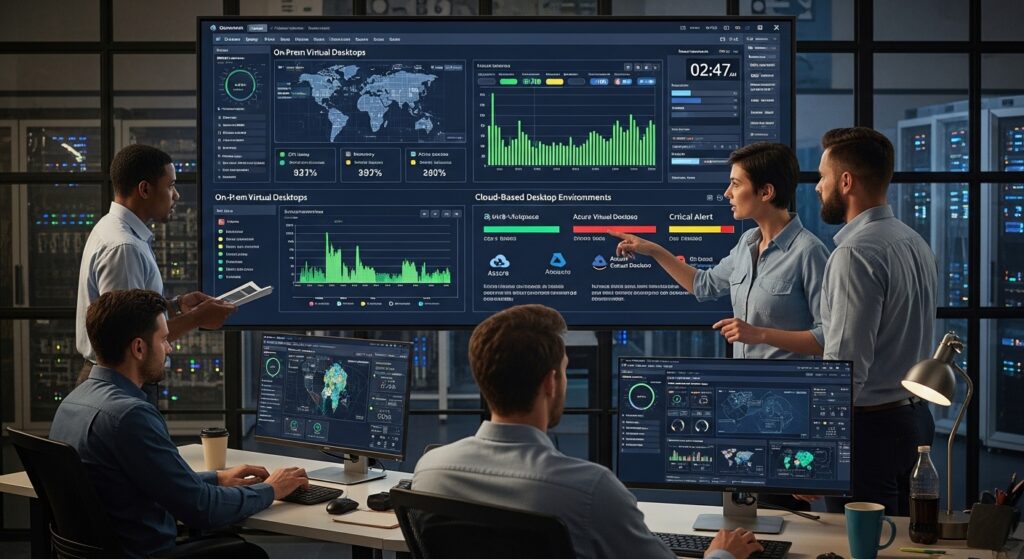 IT team monitoring a dashboard that unifies on-prem virtual desktops and cloud-based desktop environments